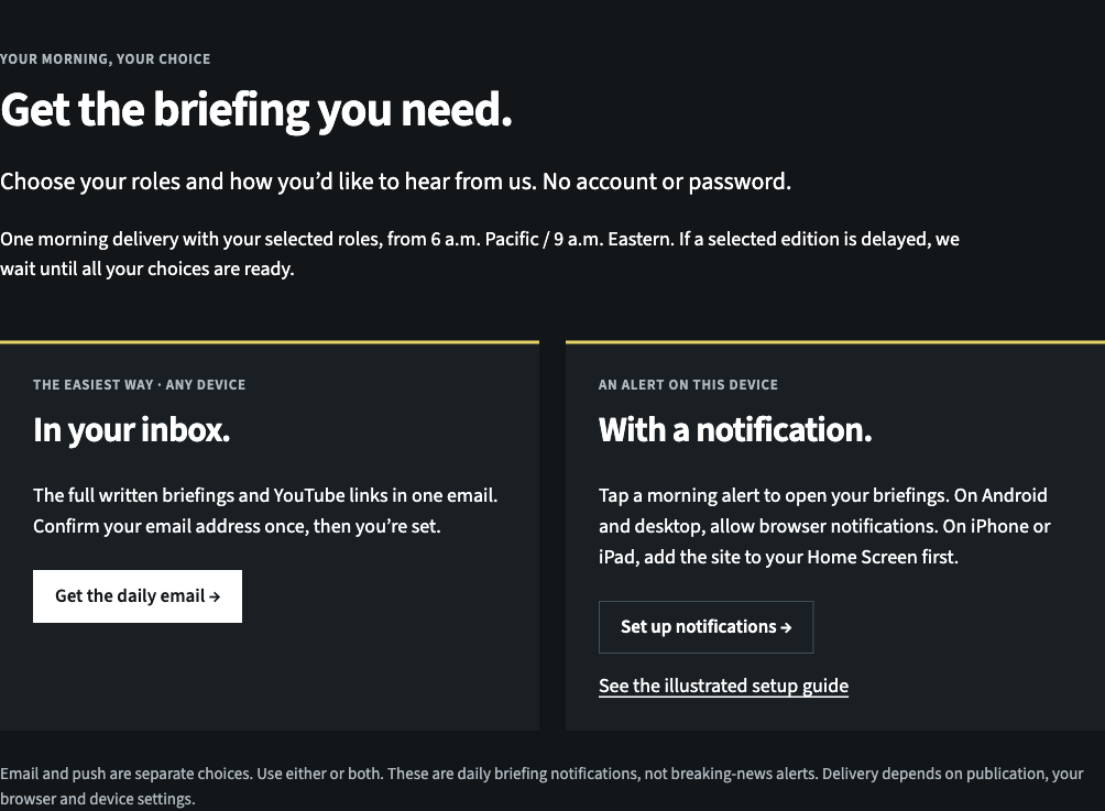 Actual site delivery choices: email is the easiest option; notifications are a separate device setup.