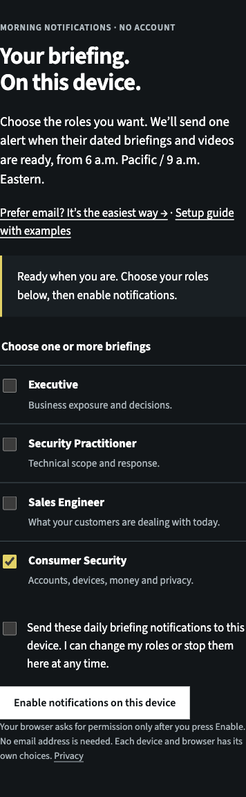 Actual site setup form in a narrow browser view, showing the four role choices and notification consent.